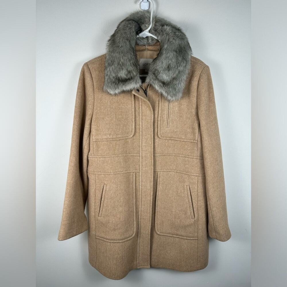LOFT Women’s Camel Wool Blend Faux Fur Collar Long Pea Coat Size Large EUC